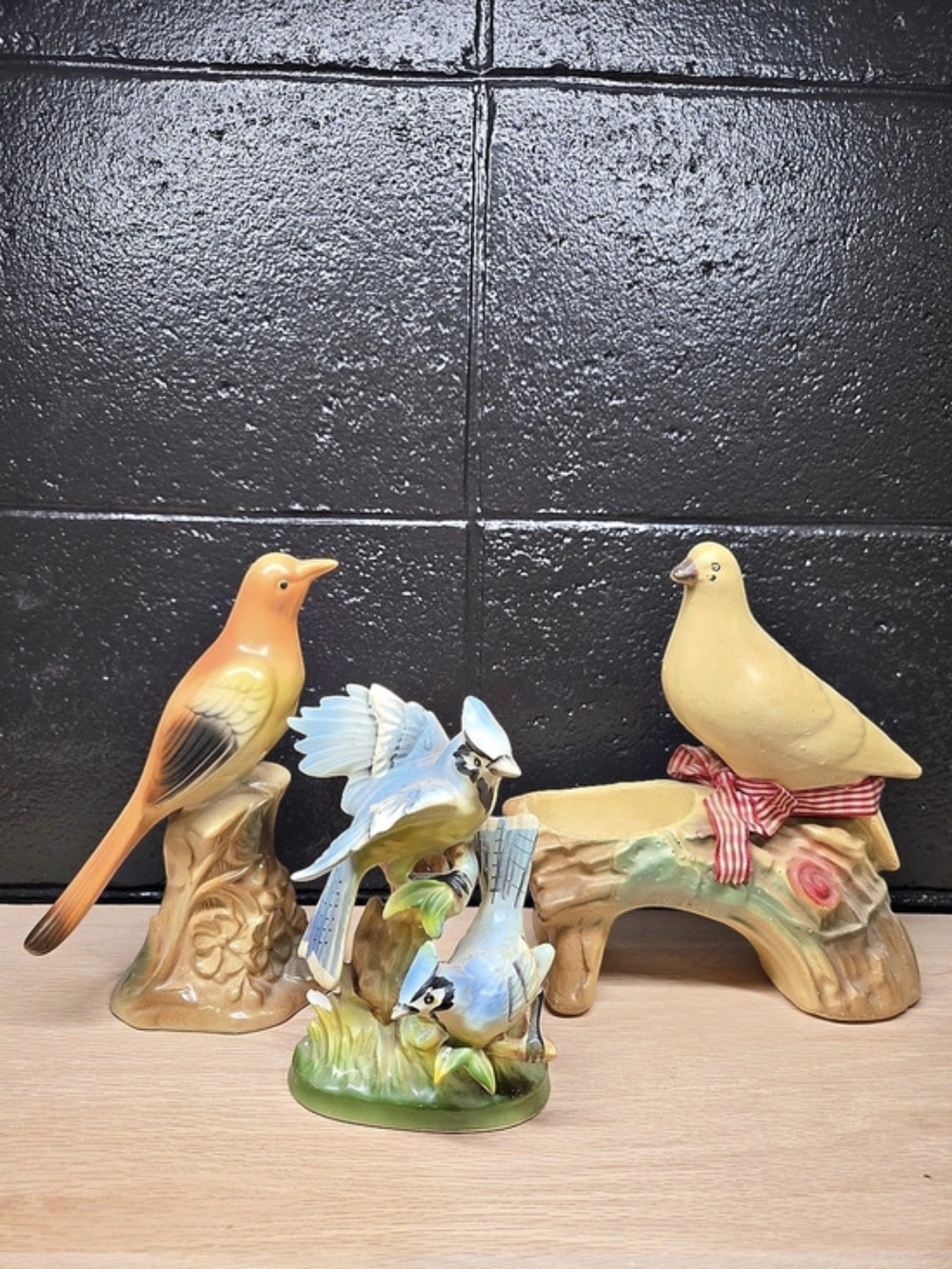 Japan Ceramic Bird Figurine Group Blue & Orange
